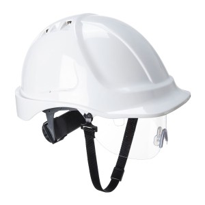 A white safety helmet with an adjustable suspension harness and ventilation slots, providing impact protection on construction sites.