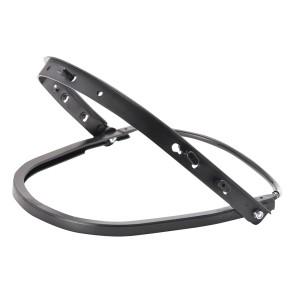 A safety helmet with an adjustable suspension harness and ventilation slots, providing impact protection on construction sites.