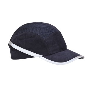 A navy blue bump cap with a lightweight internal protective shell, designed to protect against minor head bumps and scrapes.