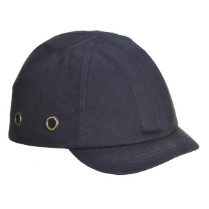 A navy blue bump cap with a lightweight internal protective shell, designed to protect against minor head bumps and scrapes.