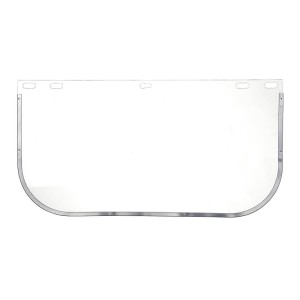 A protective face visor with a clear scratch-resistant polycarbonate shield and adjustable headband, offering full-face protection during grinding or chemical handling.