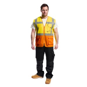A high-visibility yellow vest featuring retroreflective tape panels, suitable for a wide range of outdoor and site work applications.