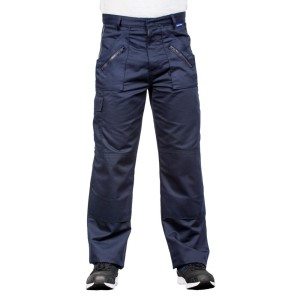 A pair of navy blue work trousers designed for use on construction sites and in industrial work environments.,