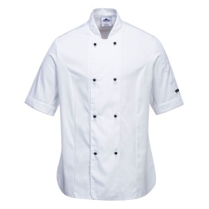 A women's white jacket designed for use on construction sites and in industrial work environments.,