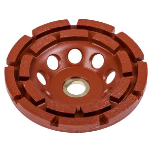 A red segmented diamond grinding cup wheel with circular holes and a central metal ring, used for grinding and smoothing surfaces like concrete and stone.