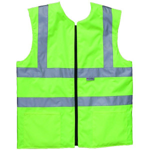 A high-visibility yellow jacket featuring retroreflective tape panels, suitable for a wide range of outdoor and site work applications.