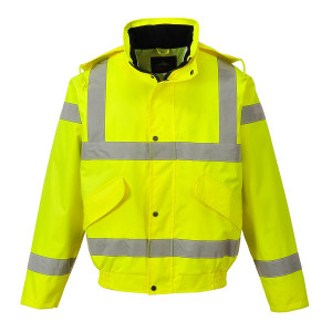 A high-visibility yellow jacket designed for use on construction sites and in industrial work environments.,