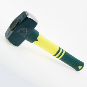 A club hammer with a double-faced steel head and a short fibreglass handle, used for driving bolsters, chisels, and masonry stakes.