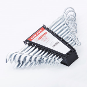 A set of ten silver combination wrenches in different sizes, neatly organized in a black plastic holder labeled “Gedore,” displayed on a white background.