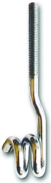 A metal anchor bolt with a threaded upper section and a lower end shaped into a spiral or corkscrew.,