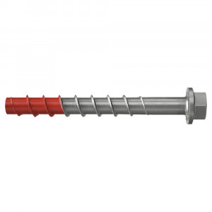 A metal screw with a hexagonal head, featuring a spiral thread along its shaft and a red-coated tip on one end.