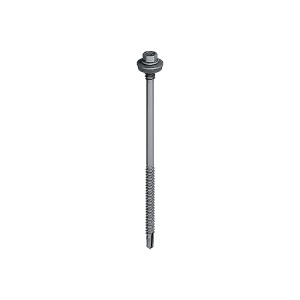 A gray metal hex head screw with a washer and self-drilling tip, shown on a white background. The lower part of the screw is threaded.
