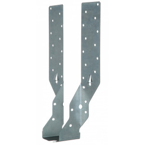 Two silver metal framing brackets with multiple holes for screws, designed for structural support in construction, are shown standing upright against a white background.