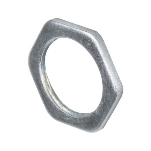 A galvanised hex nut with an internally threaded profile, for use with a matching bolt or threaded rod.