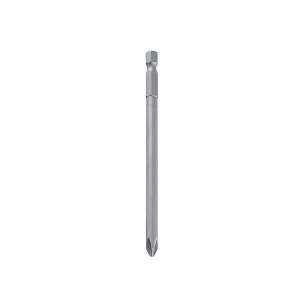A single silver Phillips screwdriver bit with a hexagonal base and a long, slender shaft, positioned vertically on a plain white background.