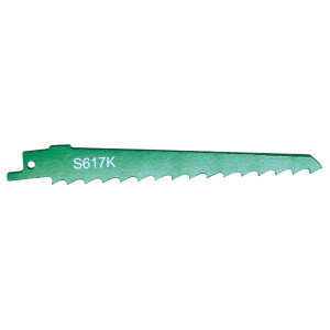 A green reciprocating saw blade with jagged teeth along one edge and S617K printed in white on its surface.,