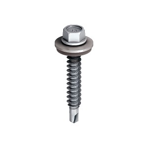 A steel self-drilling screw with a sharp drill-point tip and spiral threads along the shaft, suitable for fixing into steel framing.