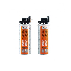 Two orange and silver Paslode gas fuel cells for nail guns, each with black caps and white nozzles, labeled IM65, IM250, IM50, and IM200, standing upright against a white background.
