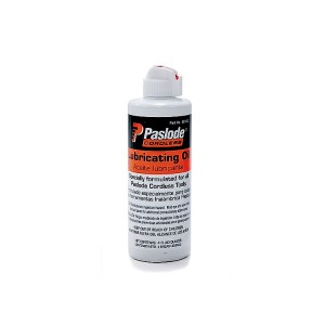 A bottle of Paslode Cordless Lubricating Oil with a white cap and label, designed for maintaining cordless tools. The label includes product details in English and Spanish.