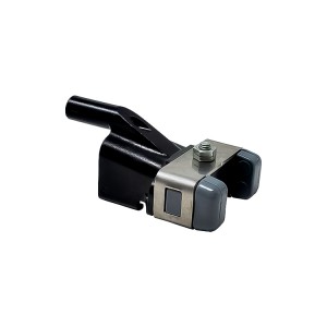 A black and silver metal hitch lock with grey rubber end covers, a metal bracket, and a bolt on top, isolated on a white background.