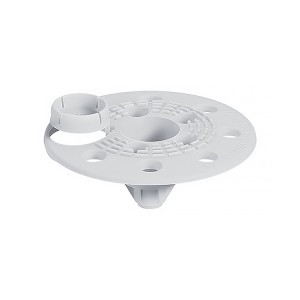 A white, round plastic mounting plate with multiple holes and raised sections, designed for securing or aligning components. The plate has a central opening and a small circular holder attached to one side.