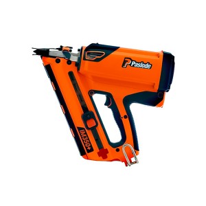 An orange and black Paslode IM350+ cordless nail gun with a visible magazine, ergonomic handle, and a silver belt hook, shown on a white background.