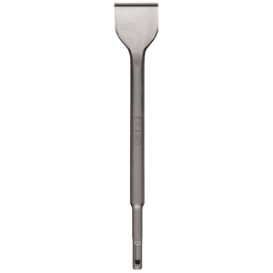 A metal chisel with a wide, flat blade at the top and a long cylindrical handle, designed for use with power tools or rotary hammers.