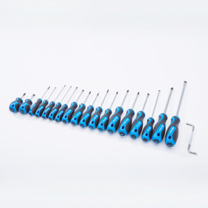 A set of sixteen blue and black screwdrivers of various sizes arranged in a row, with an L-shaped tool on the far right, all on a white background.