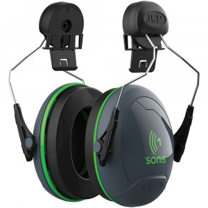 A pair of gray and black industrial earmuffs with green accents, featuring metal wires and black plastic attachments for mounting on a safety helmet. The brand JSP Sonis is visible on the ear cups.