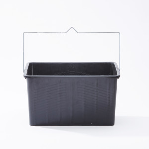 A rectangular black plastic container with a metal handle, positioned upright and facing forward against a plain white background.