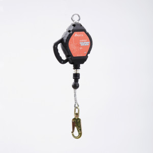 A black and orange retractable fall arrester with a metal hook at the bottom and a handle at the side, suspended against a plain white background.