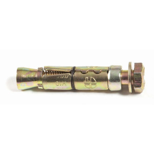 A metal shield anchor with a loose bolt configuration, an expansion sleeve, and a hex nut, for securing fixings into concrete or masonry.