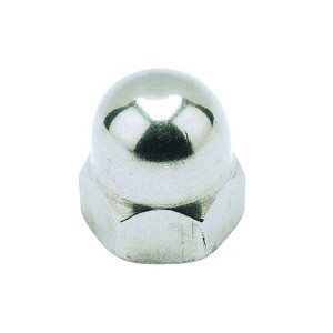 A bright zinc plated dome nut with a smooth rounded cap that covers the exposed thread end for a finished appearance.,