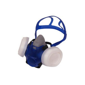 A moulded disposable dust mask with a nose clip and elasticated headbands, designed to filter airborne particulates during dusty work.