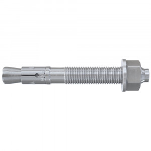 A metallic anchor bolt with a hex nut and washer, featuring a threaded shaft and an expansion sleeve at one end, displayed on a white background.
