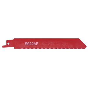 A red reciprocating saw blade labeled S922AF with fine teeth and a pointed tip, designed for cutting metal or other tough materials.