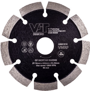 A circular diamond blade with eight segments and a black center labeled VJ Technology, designed for cutting mortar, displaying technical specifications and maximum speed information.