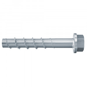 A bright zinc plated concrete screw anchor with a hex head with a partially threaded shaft and a drill point tip, designed for direct fixing into pre-drilled holes in concrete or masonry.