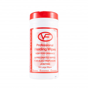 A white plastic container with a red lid labeled Professional Welding Wipes—High Performance, Impregnated Wipes for Electrofusion Jointing, 100 Large Wipes in red and black text.