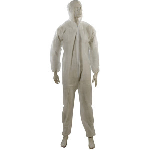 A coverall designed for use on construction sites and in industrial work environments.,