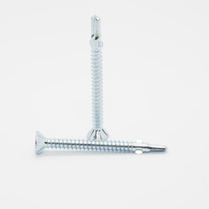 A bright zinc plated 6.3×65mm self-drilling screw with a sharp drill-point tip and spiral threads along the shaft, suitable for fixing into steel framing.