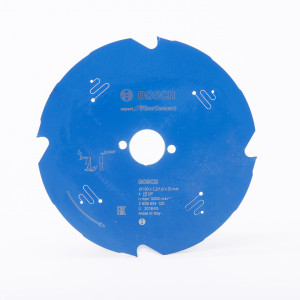 A blue Bosch circular saw blade with four teeth and printed specifications, including diameter, bore size, and maximum RPM, displayed on a white background.