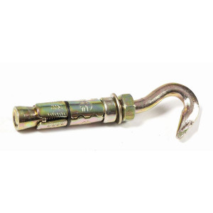 A metal shield anchor with a pressed hookbolt, an expansion sleeve, and a hex nut, used for hanging and suspending loads from concrete.