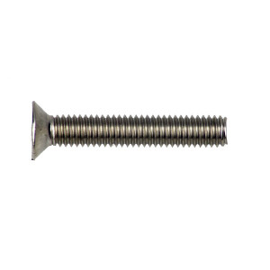 An A2 stainless steel M4 countersunk head machine screw with a fully threaded shaft, used for joining metal components with a nut.