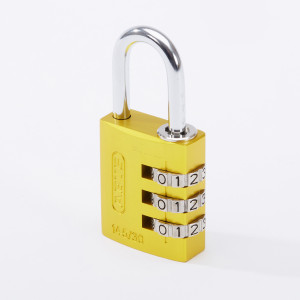 A yellow combination padlock with three rotating dials, each displaying the numbers 0 to 3, and an open silver shackle.