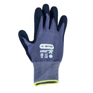 A pair of disposable nitrile gloves with a textured fingertip for grip, offering protection against chemicals and contaminants.