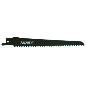 A black reciprocating saw blade with sharp teeth and the code S628DF printed on its side. The blade has a straight profile and a hole at one end for attaching to a saw.,