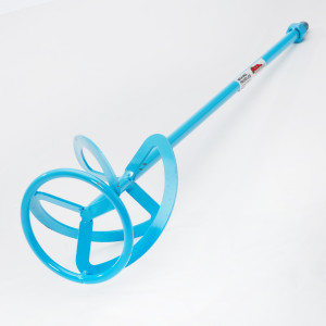 A steel mixing paddle with a twisted blade attachment and hex shank, designed for mixing mortar, adhesive, and render using a power drill.