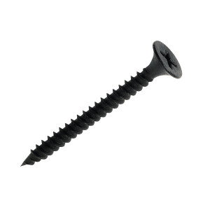 A single black drywall screw with a flat, countersunk Phillips head and sharp, threaded body, set against a white background.