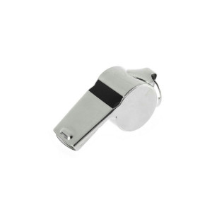 A shiny silver metal whistle with a black stripe, shown on a white background.